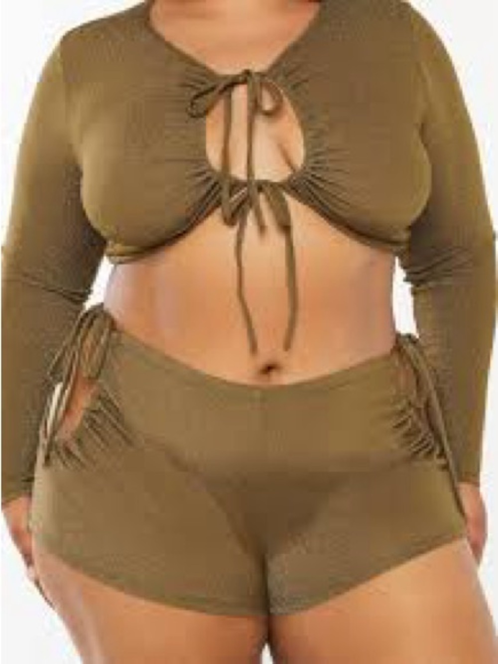 Savage X Fenty Olive Green Lace-Up Long Sleeve Crop Top & Shorts Set